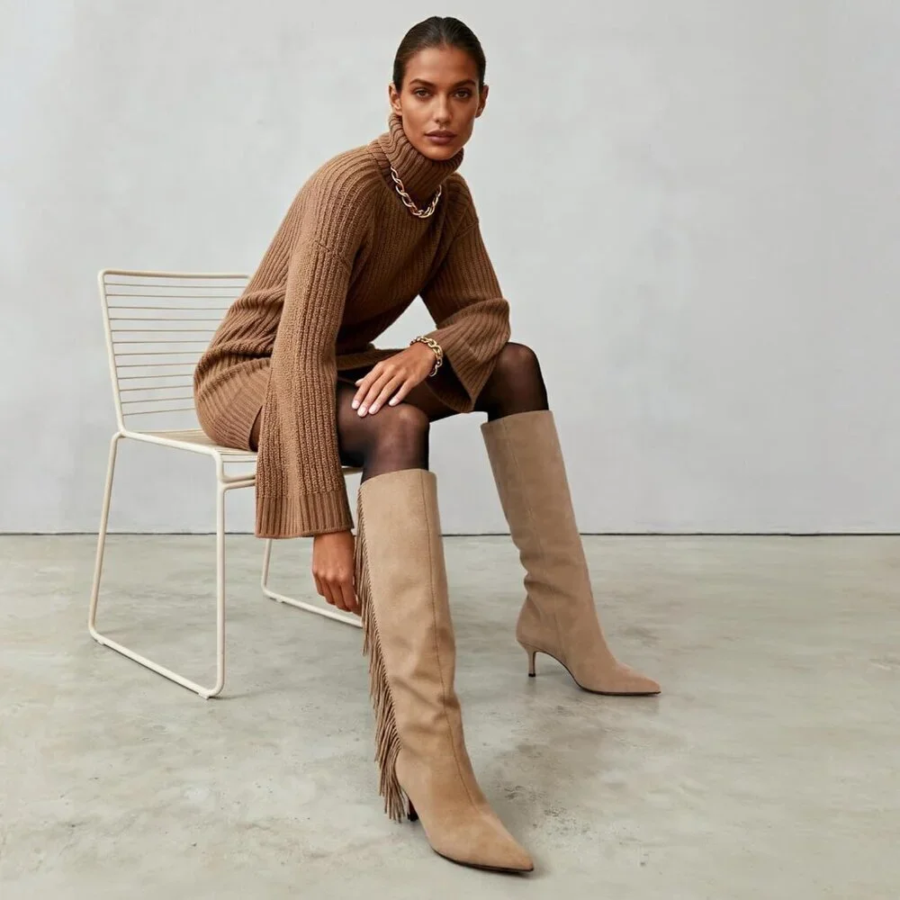 Women Suede Camel Knee High Boots Kitten Heels Tall Pointed Toe Long Boots